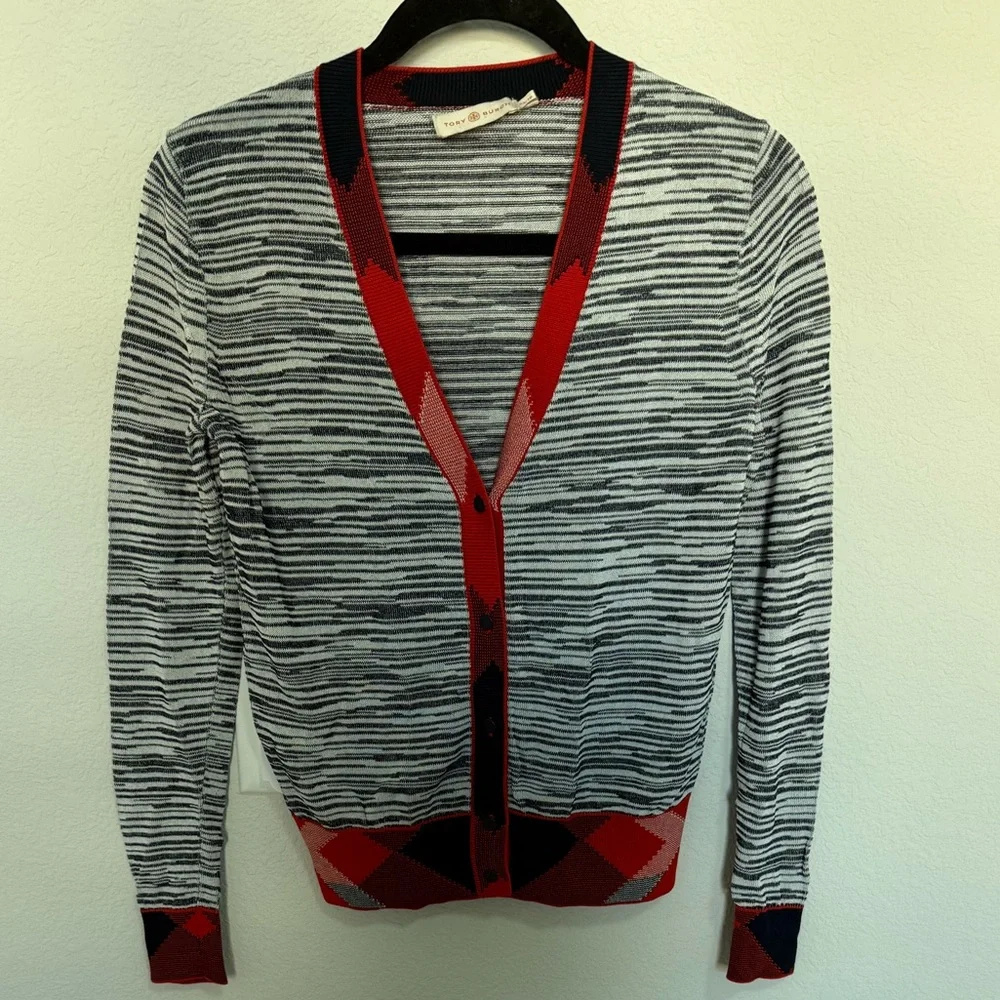 Tory Burch Arielle Cardigan Contrast Trim Navy Blue Red Ivory XS